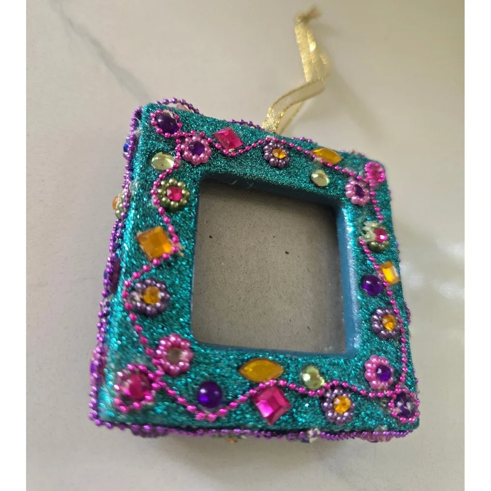 Teal Glitter Mini Picture Frame Ornament Beaded Jeweled Easel Back‎ Square 3in